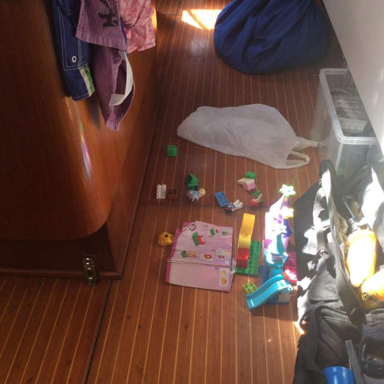 The saloon floor covered in toys