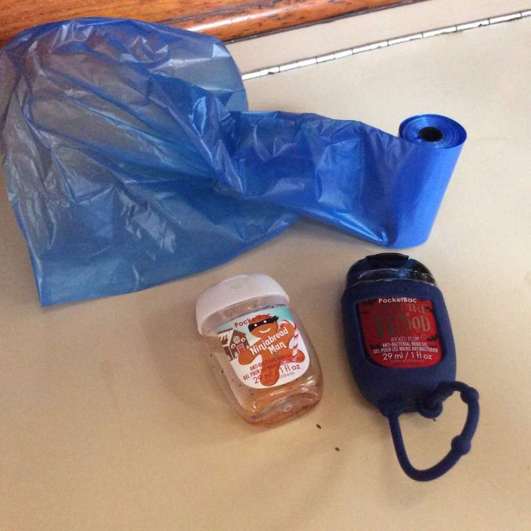 Hand gels and blue plastic bags